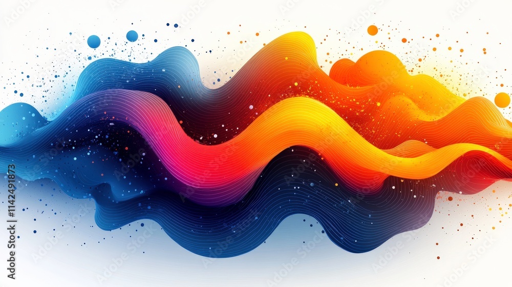 Aufkleber vibrant abstract waves in blue, orange, and pink with dynamic flowing lines and colorful particles f