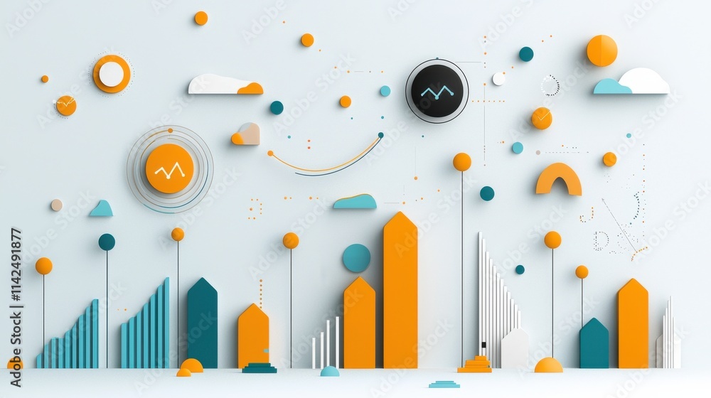Poster abstract data visualization infographic with geometric shapes representing financial analytics and m