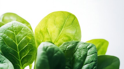Close-up image of tender spinach leaves with vibrant green hues, isolated on white, crisp focus highlighting leaf structure and natural curves 