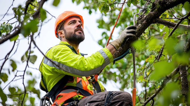 maintenance engineer working on tree, wearing safety gear and focused