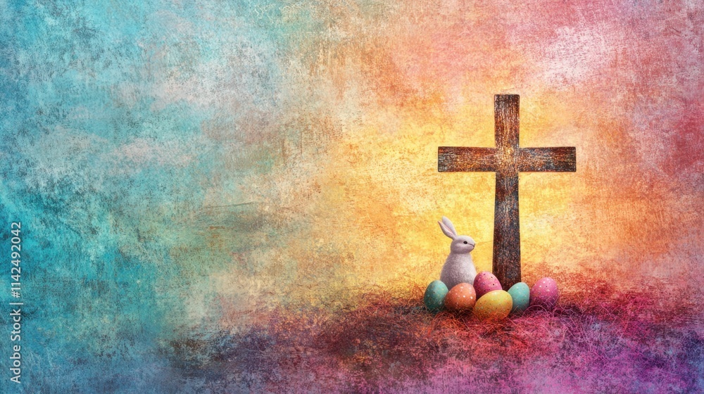Poster a shining cross with an easter bunny and eggs, set on a textured pastel abstract background designed