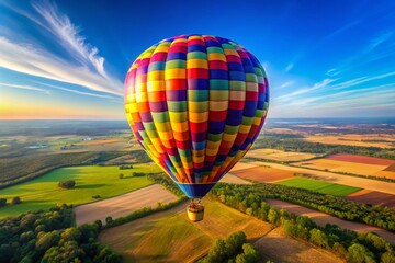 Fototapeta premium Colorful Hot Air Balloon, Aerial Drone Shot, Travel Photography, Vibrant Balloon, Stunning Landscape, Isolated Balloon