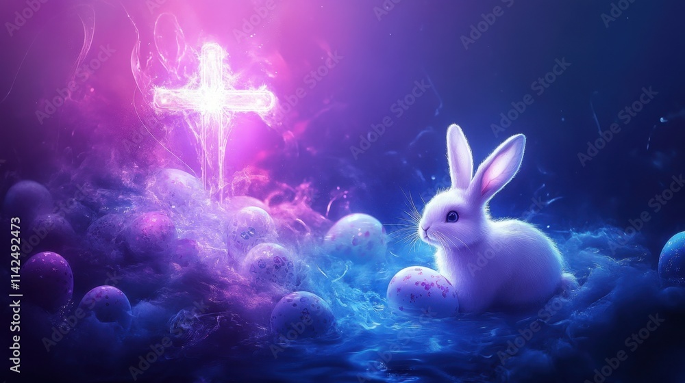 Poster a shining cross with an easter bunny surrounded by glowing eggs on a dreamy abstract background with