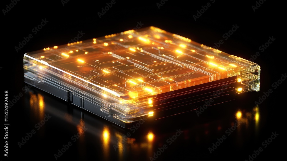 Poster a conceptual solar-powered microchip glowing softly, with visible solar energy pathways extending to