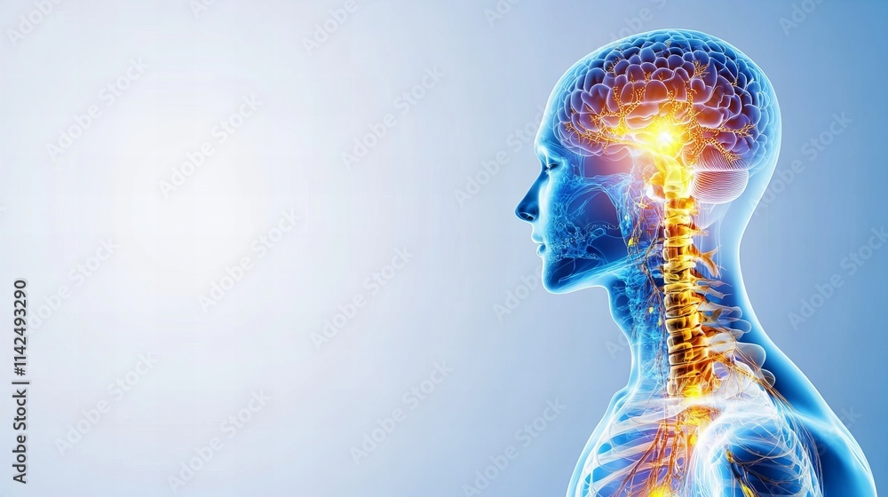 Poster a digital rendering of the human nervous system, showcasing the intricate network of nerves connecti