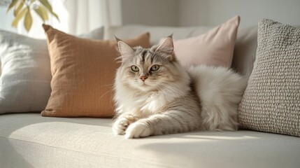 Fluffy white cat lounging on beige couch with pastel pillows