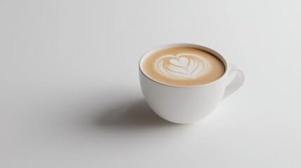 A beautifully crafted latte with heart-shaped foam art in a white cup on a minimalist surface.