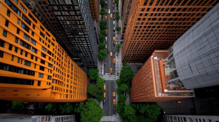 Aerial View of Manhattan: A bird's eye perspective of New York City's iconic skyscrapers, showcasing the urban jungle's towering structures and bustling traffic below.