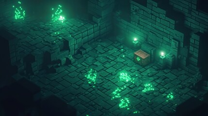 A pixelated dungeon-like mine with dark bricks and glowing green ore scattered throughout. A treasure chest lies hidden in a corner