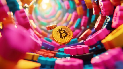 A surreal abstract vortex of golden and silver cryptocurrency coins spiraling through a tunnel of neon light trails and glowing blockchain patterns.