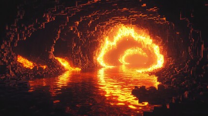 A pixelated tunnel filled with volcanic rocks and glowing orange magma pools, creating a fiery atmosphere for a retro game.
