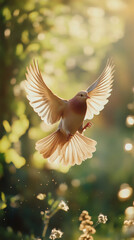 Fototapeta premium White dove soaring with wide open wings in a sunny spring garden, symbolizing easter, peace, and hope