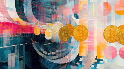 Fototapeta premium A surreal abstract vortex of golden and silver cryptocurrency coins spiraling through a tunnel of neon light trails and glowing blockchain patterns.