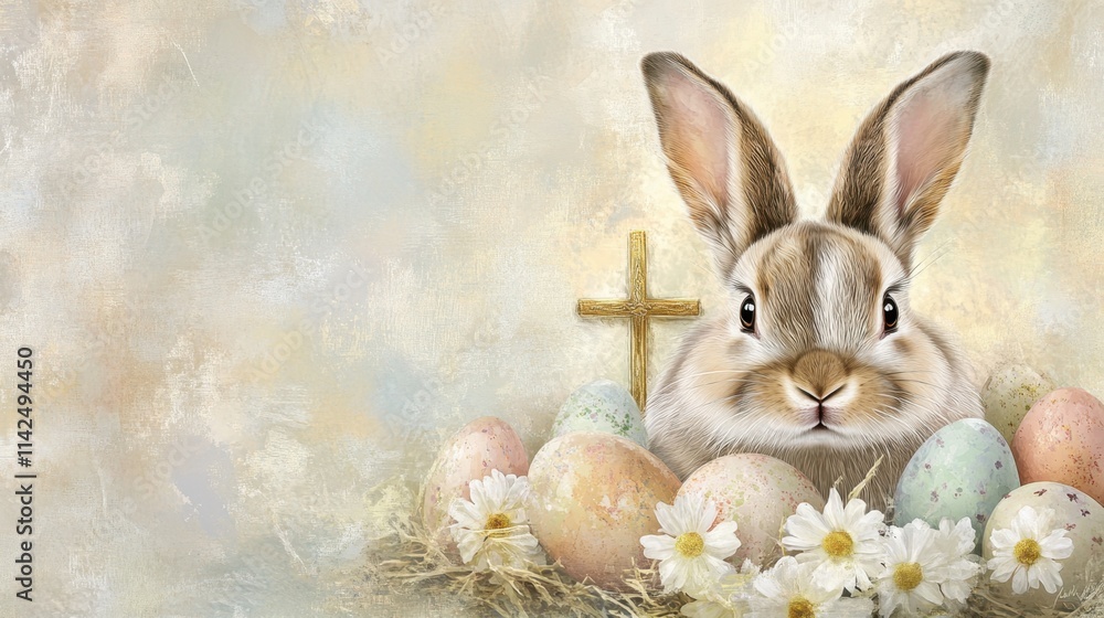 Poster a soft pastel abstract background with a bunny rabbit and a golden cross at the center, surrounded b