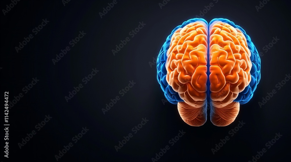 Poster a detailed 3d rendering of a human brain, showcasing its intricate structure and highlighting the tw