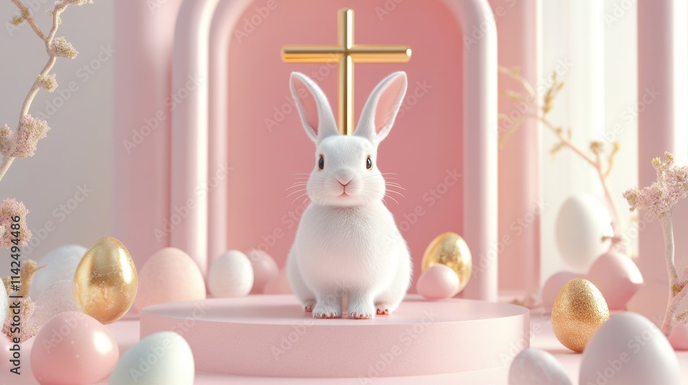 Poster a soft pastel abstract background with a bunny rabbit and a golden cross at the center, surrounded b