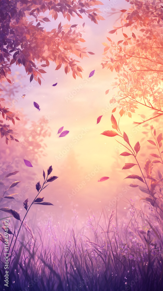 Aufkleber soft breezes rustling through trees, causing colorful leaves to fall onto a lively meadow during a s