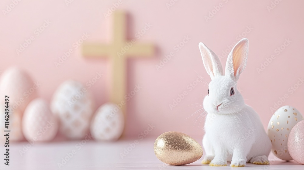 Poster a soft pastel abstract background with a bunny rabbit and a golden cross at the center, surrounded b