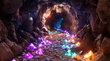 Pixelated quarry with colorful gemstones scattered across the floor, surrounded by jagged rock walls. A glowing magical aura fills the tunnel