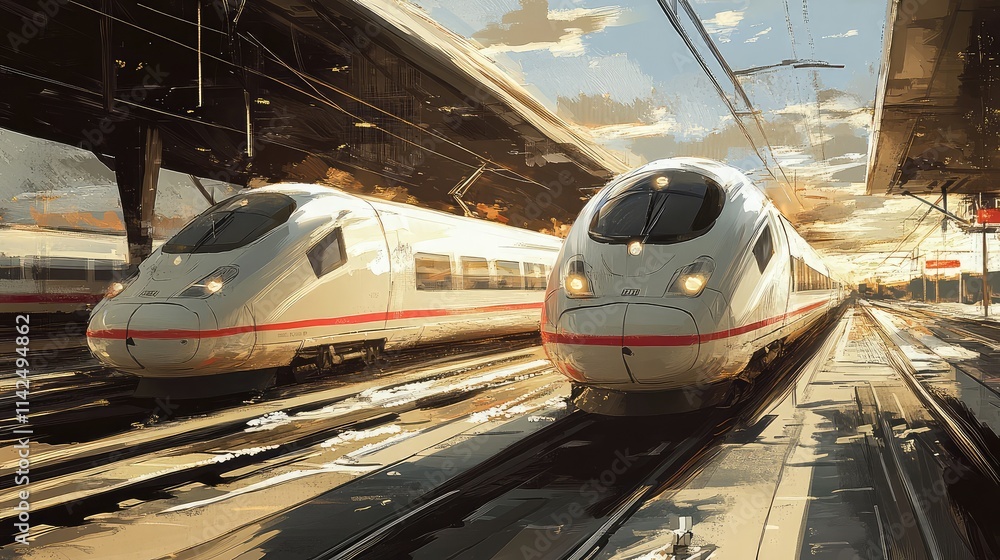 Poster a cross-country high-speed rail journey depicted with trains running on parallel tracks through dive