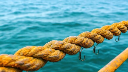 Fototapeta premium Fisherman aesthetic evokes ocean adventure. Rope tied to a dock against a blue water background.