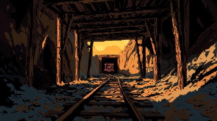 Retro-style pixel art of a mine entrance at sunset, with shadows casting over the wooden beams and a minecart track leading inside