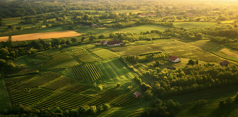 Aerial view of lush farmland with vineyards and houses under golden sunlight.