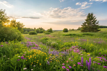 Fototapeta premium Bountiful Meadow: A Serene Landscape of Wildflowers and Greenery by Generative AI