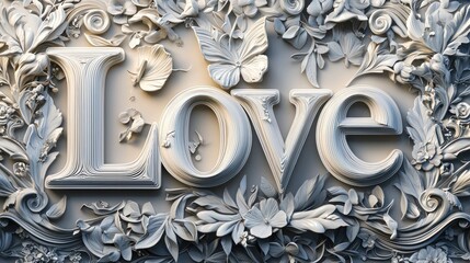 An artistic representation of the word "Love" in elegant typography, surrounded by decorative elements