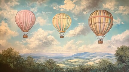 Fototapeta premium Colorful hot air balloons gently floating over serene landscapes.