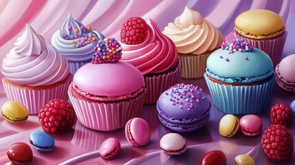 Delicious colorful cupcakes adorned with sweet toppings.