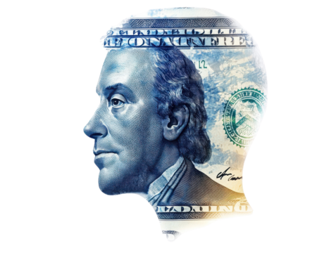 Profile silhouette of a man composed of blue currency notes.