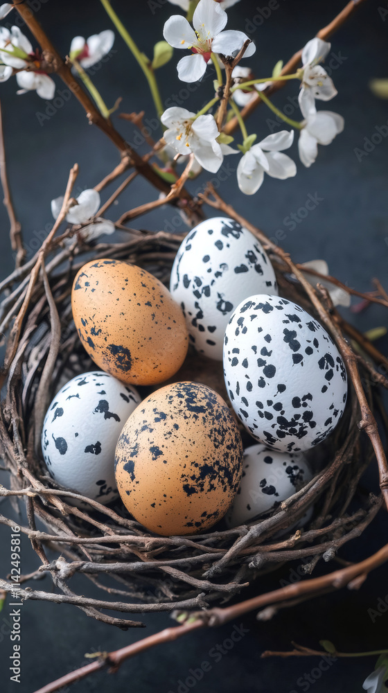 Aufkleber easter eggs with black and orange spots are displayed in a bird nest under a flowering branch