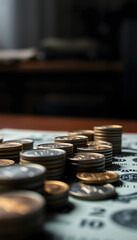 Double exposure Rows of coins of cash,money, dollar on the table,finance and business concept,Tex time soft focus and blurred style,dark tone, Diffused lighting. isolated with white highlights