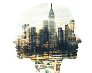 Double exposure of a human profile with city skyline and money background.
