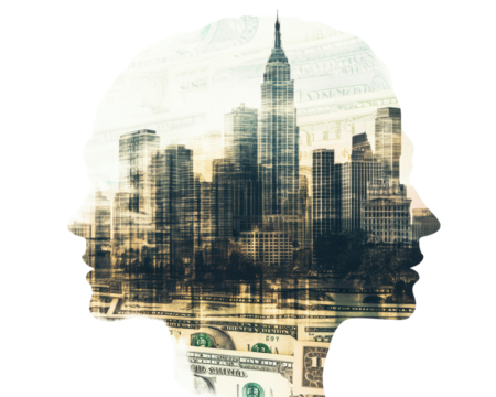 Double exposure of a human profile with city skyline and money background.