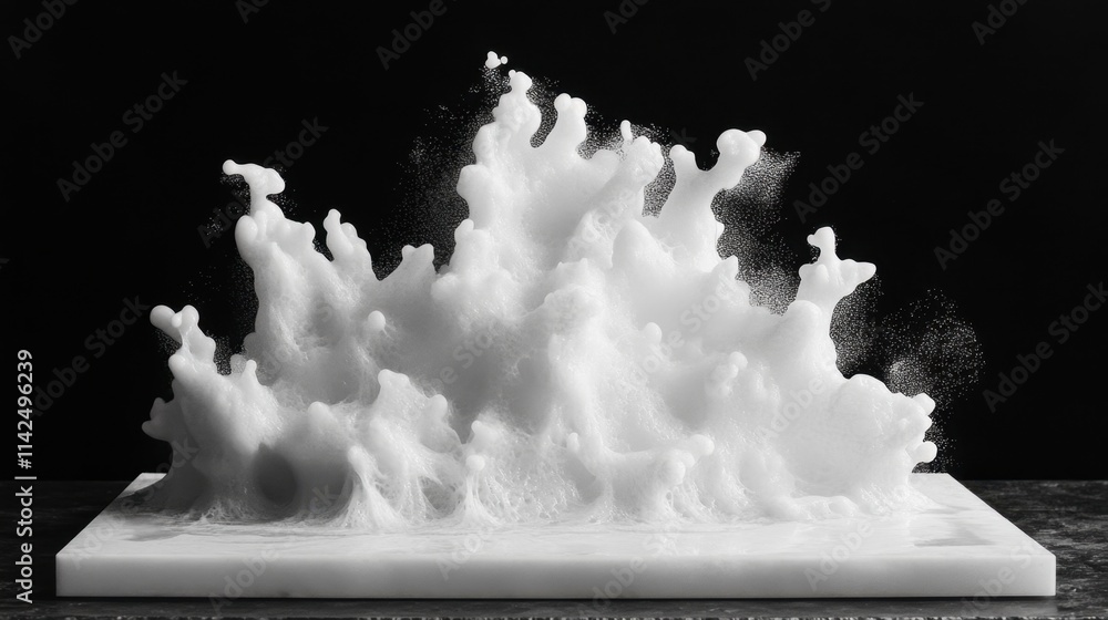 Poster a strong liquid jet blowing through the frame, creating waves and scattered droplets in intricate te