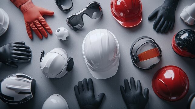 Safety ppe equipment showcase diverse helmets and gear for industrial environments close-up view of essential safety gear