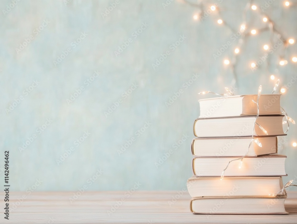 Aufkleber minimalist stack of books with warm festive lights against soft blue background