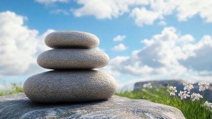 Realistic Mindful Stress Relief Techniques visualized with outdoor moments of deep breathing and grounding exercises under calming skies and nature views.