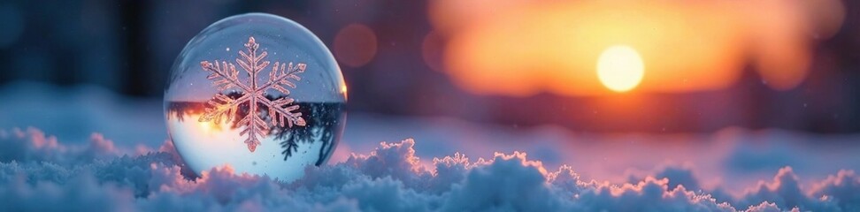 Fototapeta premium A delicate snowflake is captured within a glass ball on a snowy surface with the vibrant hues of a summer sunset, icy charm, serene atmosphere