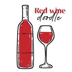 Doodle of red wine bottle and glass. Simple outline of alcoholic drink made out of fermented grapes. Vector illustration for online and print design projects. 