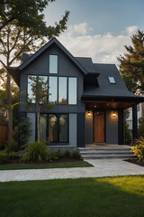 Contemporary two-story house with dark gray siding, large windows, and a wood front door.  Landscaping includes lawn, shrubs, and a stone walkway.  The house features a covered entryway.