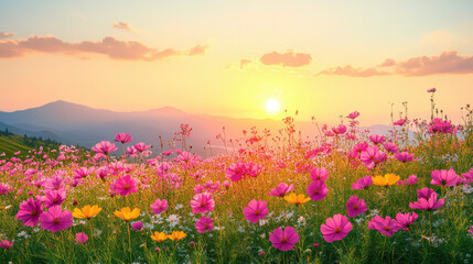 Fototapeta premium vibrant field of flowers blooms under stunning sunset, showcasing pink and yellow blossoms against backdrop of mountains. scene evokes tranquility and natural beauty