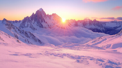 breathtaking sunrise in mountains illuminates sky with vibrant colors, casting warm glow over snowy landscape and creating serene atmosphere