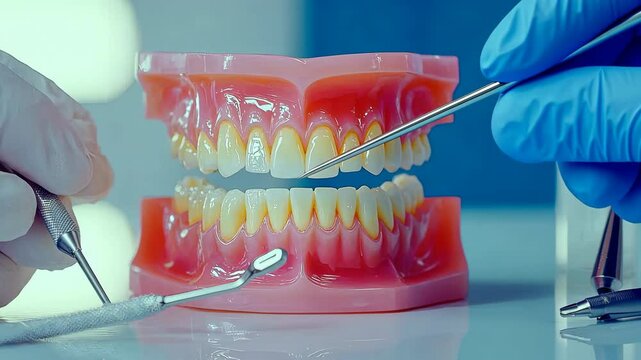 Dental model with tools for oral care and teeth hygiene demonstration.