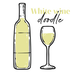 Doodle of white wine bottle and glass. Simple outline of alcoholic drink made out of fermented grapes. Vector illustration for online and print design projects. 