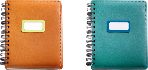 Two Spiral Notebooks Orange and Teal Leatherette Covers Blank Labels