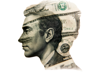 Profile silhouette filled with money, white isolate background