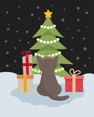 Naklejka premium The kitten looks at the Christmas tree. Cute cat near the New Year tree.Christmas card with cat, kitten. Happy holidays. Greeting concept. Ideal for print, postcard or label. New Year card.